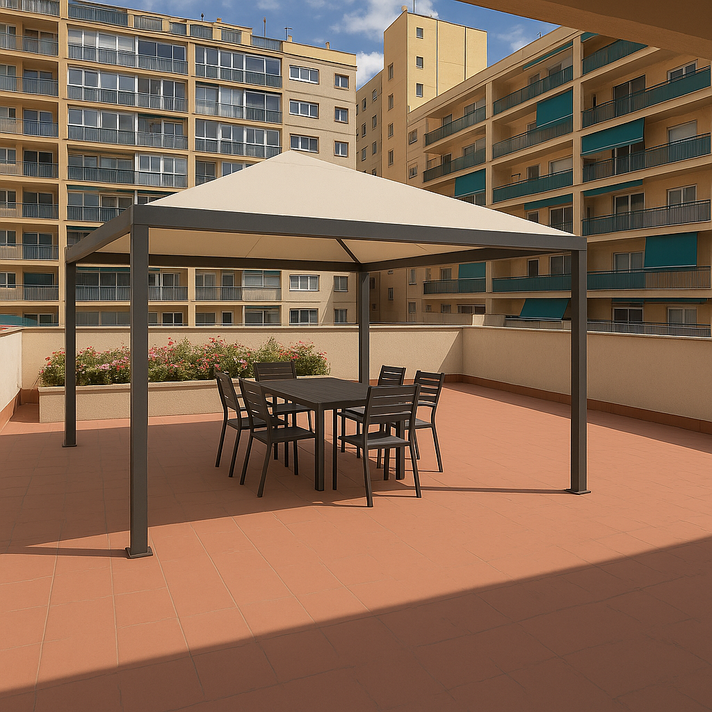 [Imagen de la terraza con pérgola reformada]
